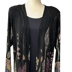 VTG Size 1X Black Art To Wear Knit Metallic Print Lightweight Open Cardigan